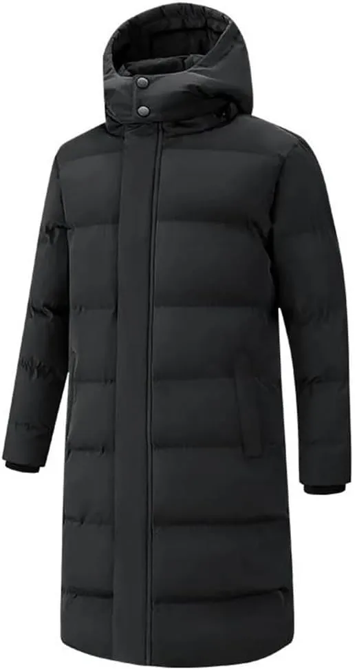 Pegsmio Men's Winter Jacket Long Solid Color Warm Detachable Hooded Parka Snow Thick Down Cotton Padded Coat
