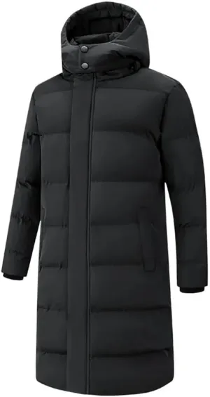 Pegsmio Men's Winter Jacket Long Solid Color Warm Detachable Hooded Parka Snow Thick Down Cotton Padded Coat