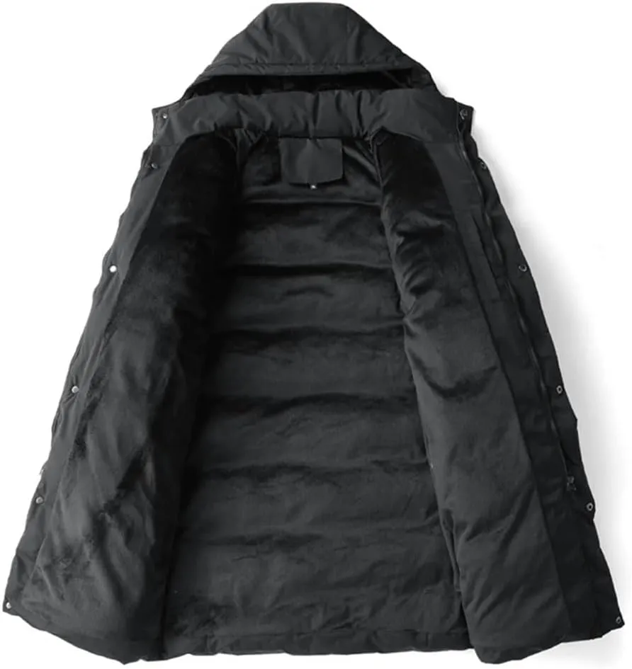 Pegsmio Men's Winter Jacket Long Solid Color Warm Detachable Hooded Parka Snow Thick Down Cotton Padded Coat