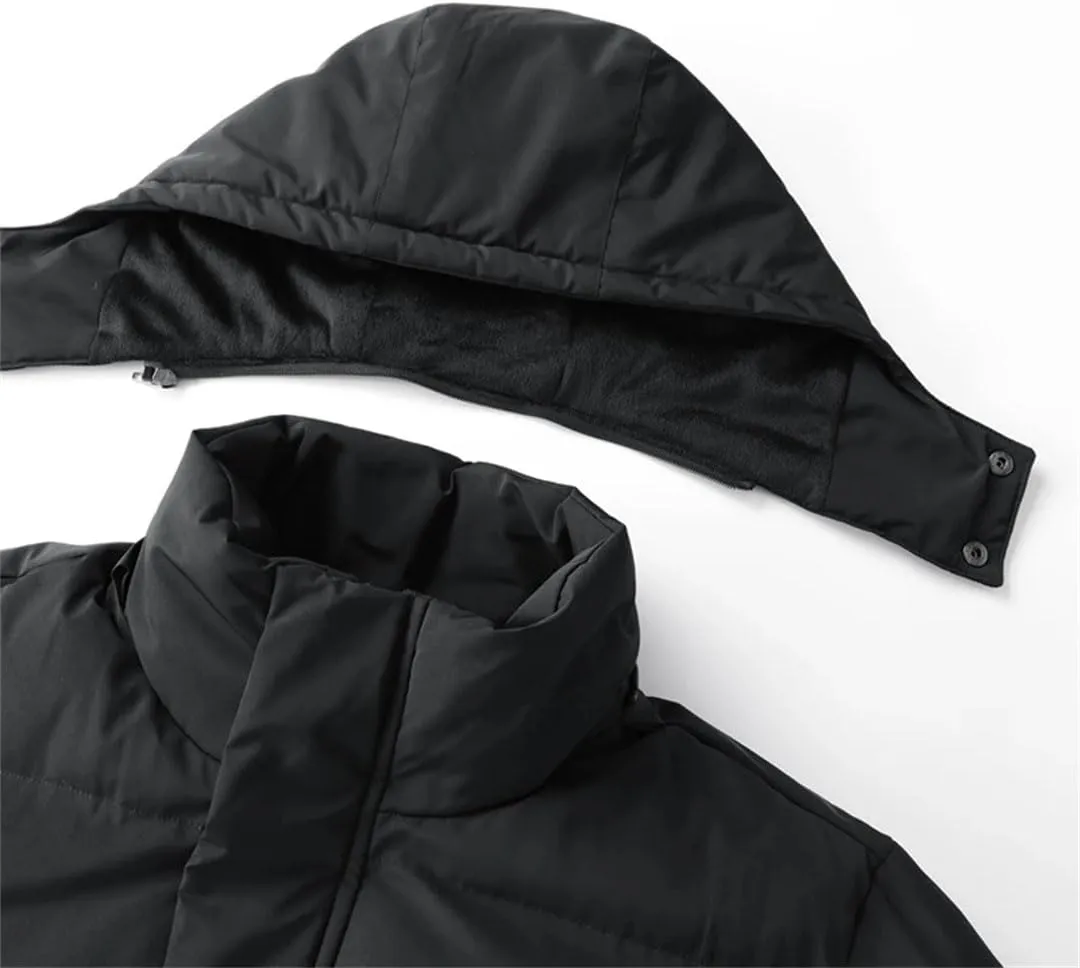 Pegsmio Men's Winter Jacket Long Solid Color Warm Detachable Hooded Parka Snow Thick Down Cotton Padded Coat