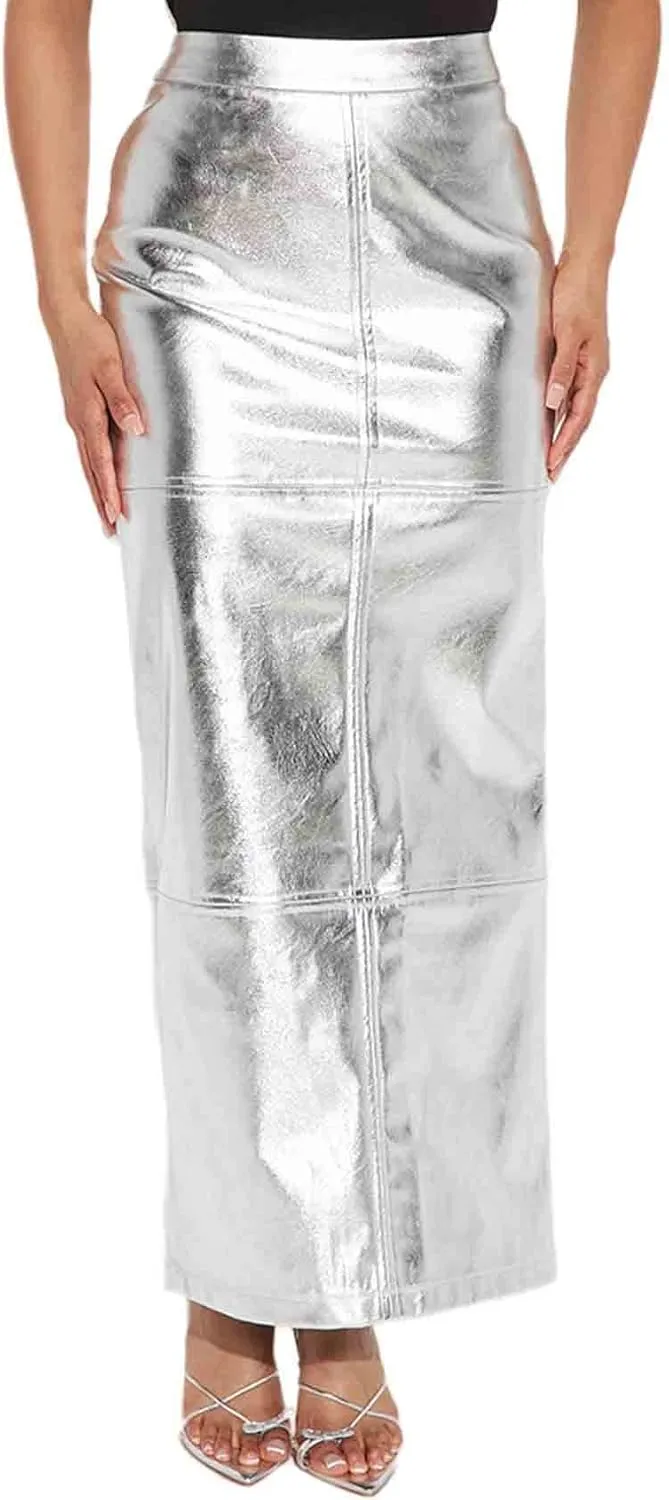 Perbai Womens Faux Leather Pencil Skirt High Waist Split Bodycon Club Party Long PU Skirt