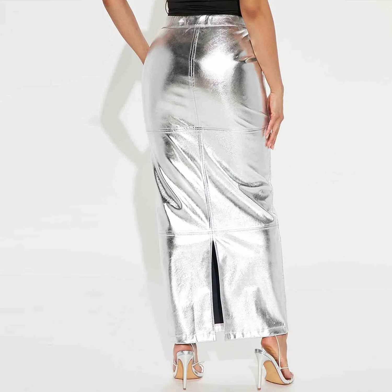 Perbai Womens Faux Leather Pencil Skirt High Waist Split Bodycon Club Party Long PU Skirt