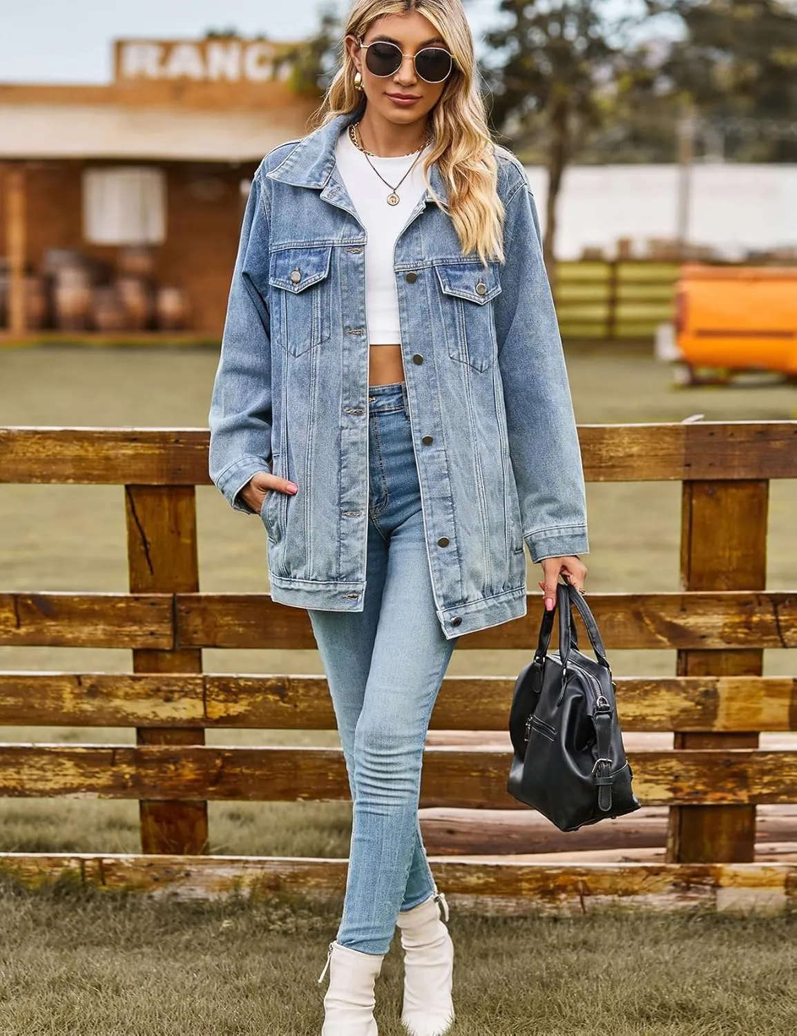Perbai Womens Oversized Denim Jacket Casual Plus Size Mid Long Distressed Jean Shacket Coat