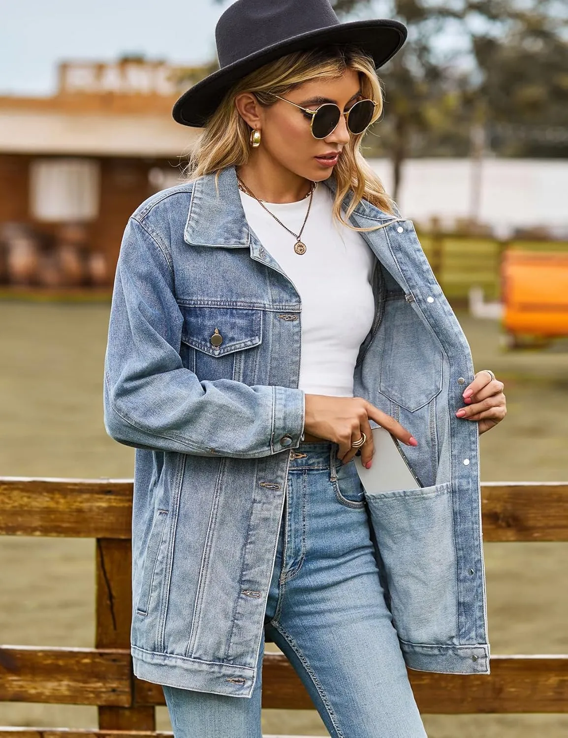 Perbai Womens Oversized Denim Jacket Casual Plus Size Mid Long Distressed Jean Shacket Coat