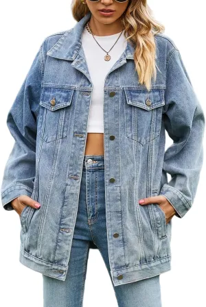 Perbai Womens Oversized Denim Jacket Casual Plus Size Mid Long Distressed Jean Shacket Coat