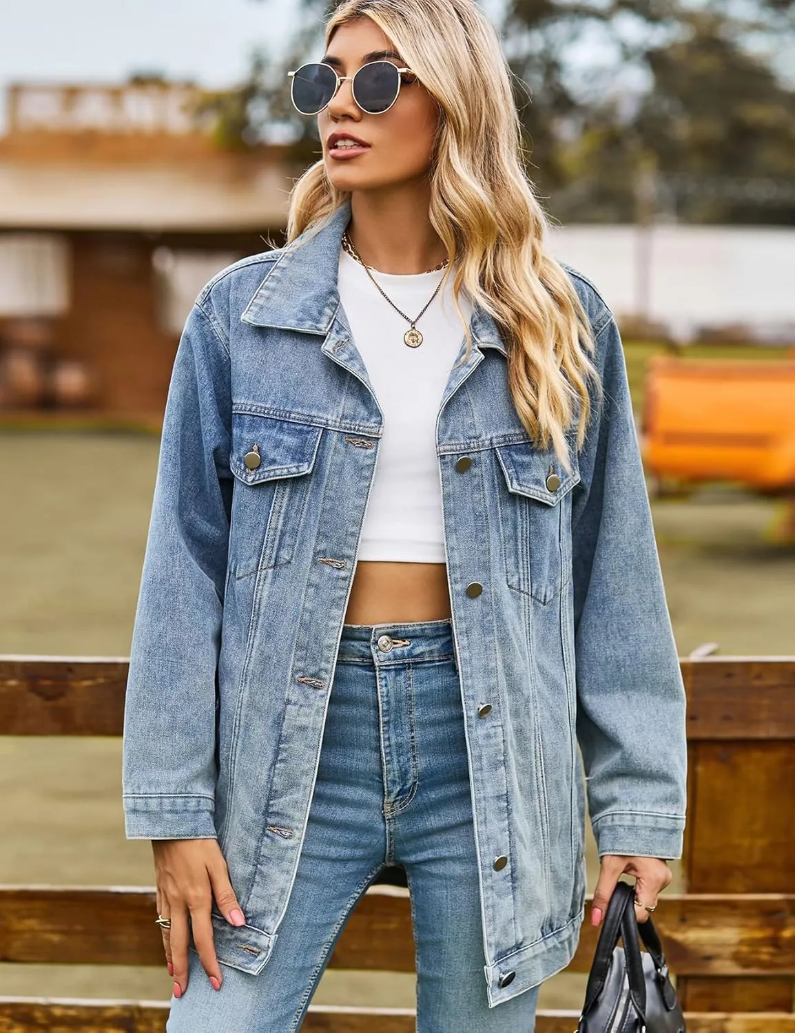 Perbai Womens Oversized Denim Jacket Casual Plus Size Mid Long Distressed Jean Shacket Coat