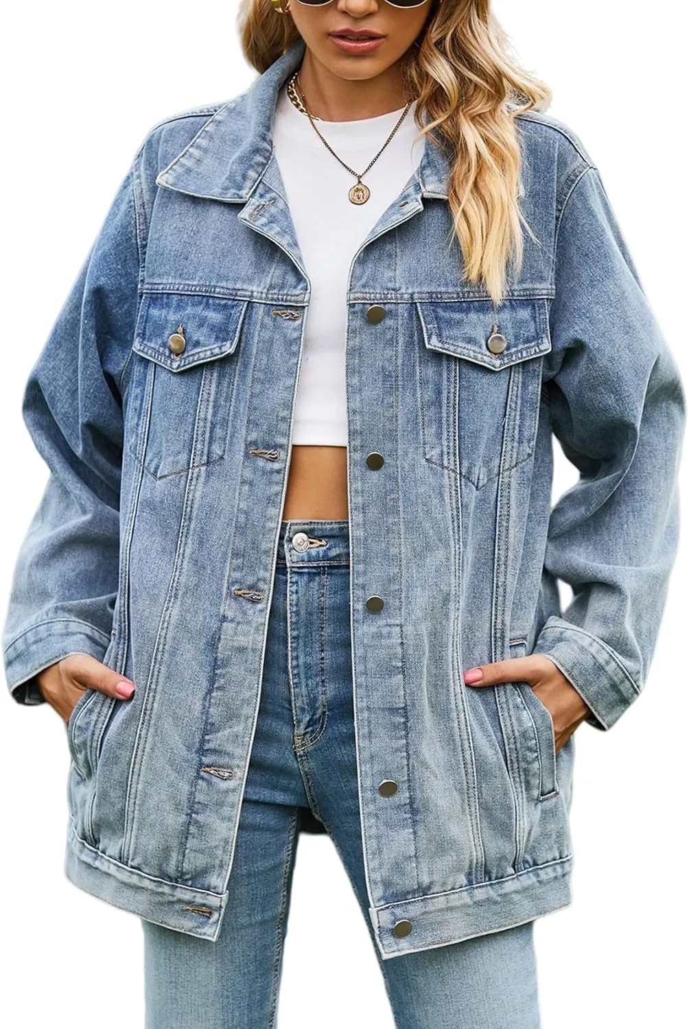 Perbai Womens Oversized Denim Jacket Casual Plus Size Mid Long Distressed Jean Shacket Coat