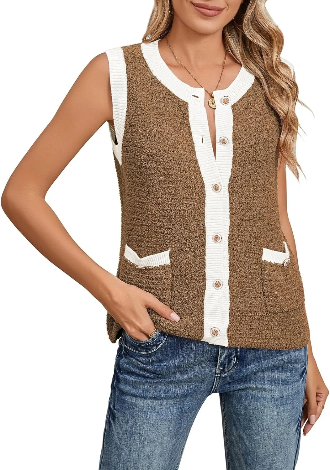 Pink Queen Women's Sweater Vest 2024 Sleeveless Knit Crewneck Button Down Tank Tops Fashion Casual Loose Summer Cardigans