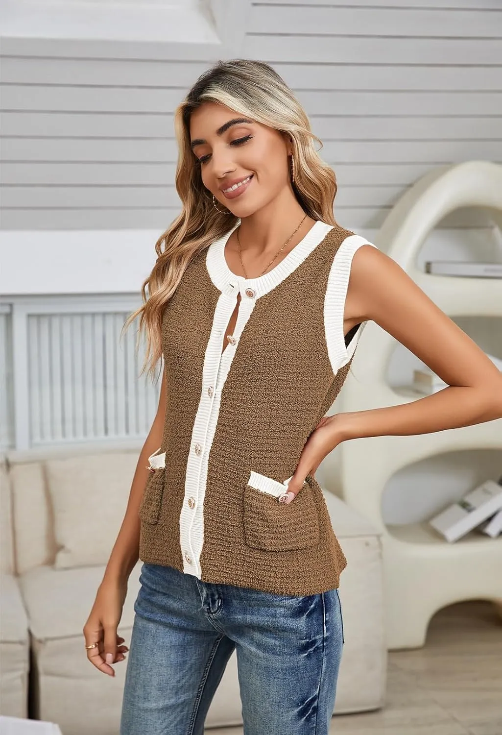 Pink Queen Women's Sweater Vest 2024 Sleeveless Knit Crewneck Button Down Tank Tops Fashion Casual Loose Summer Cardigans