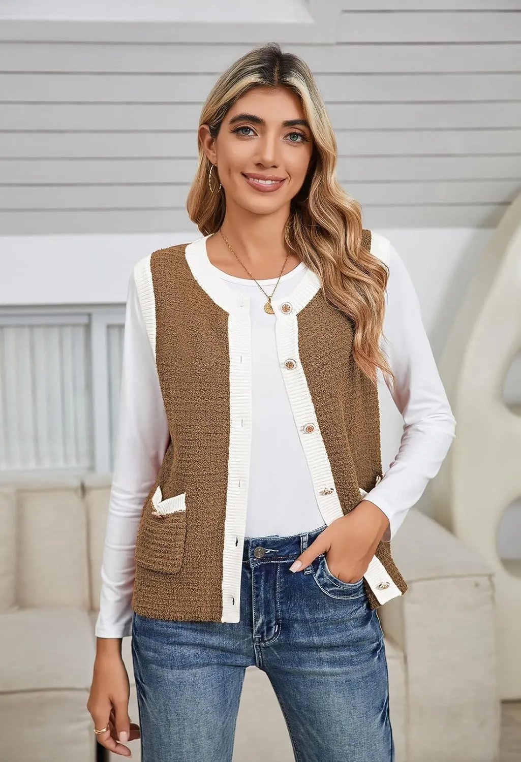 Pink Queen Women's Sweater Vest 2024 Sleeveless Knit Crewneck Button Down Tank Tops Fashion Casual Loose Summer Cardigans