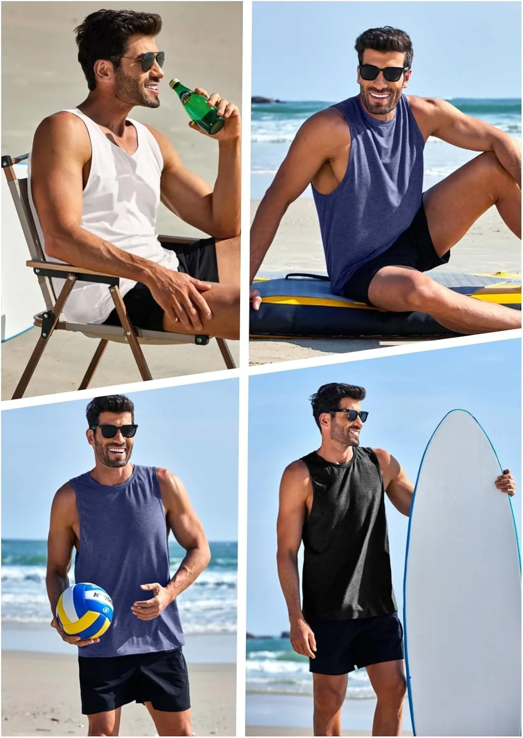 PINSPARK Men's 3 Pack Gym Tank Tops Workout Quick Dry Athletic Tank Top for Men Multipack Sleeveless Beach Swimming Shirts