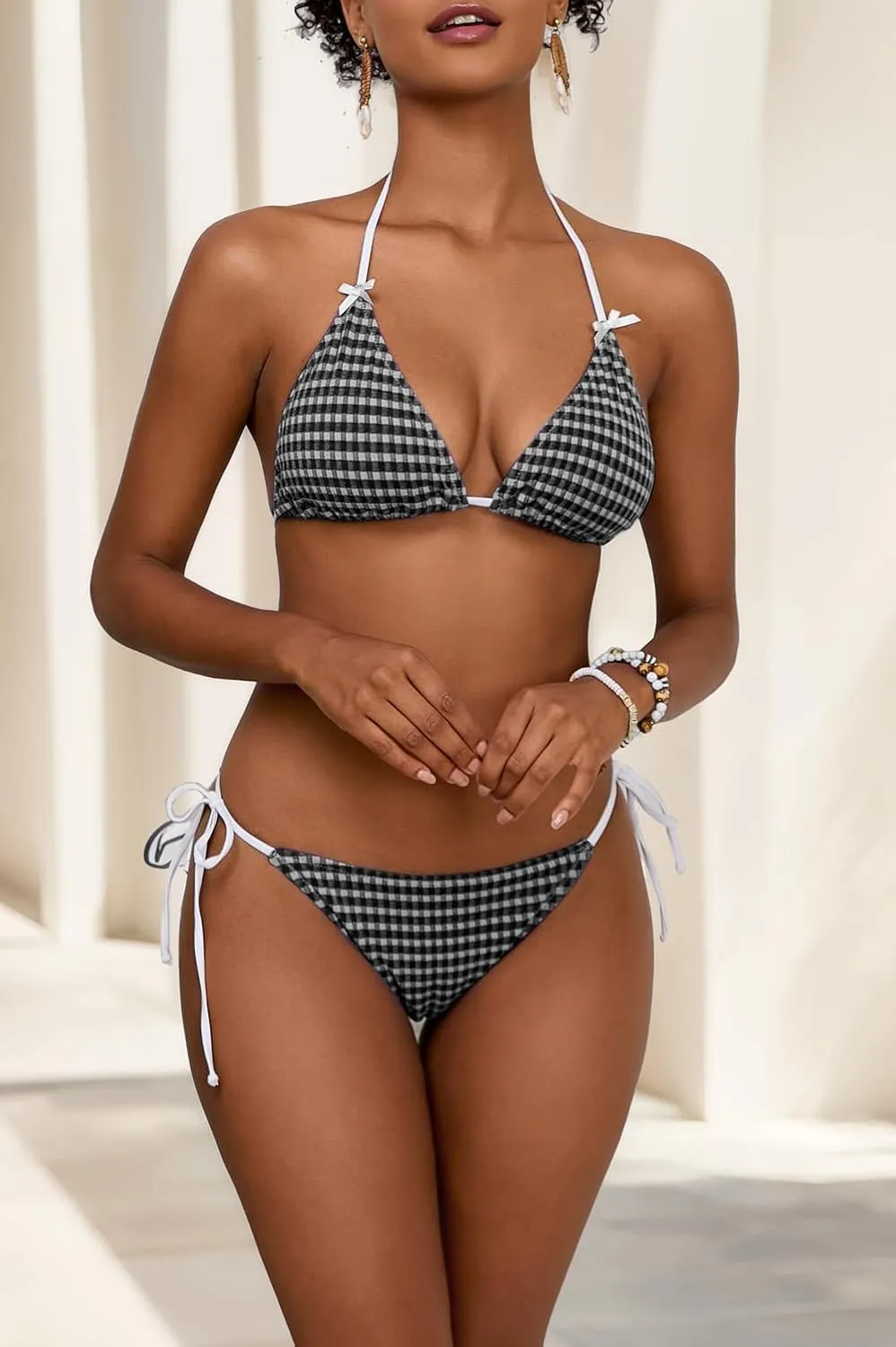 Plaid Bikini Sets for Women Sexy V Neck Halter Triangle Tie Side Thong Bikinis Two Piece Swimsuit