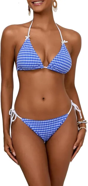 Plaid Bikini Sets for Women Sexy V Neck Halter Triangle Tie Side Thong Bikinis Two Piece Swimsuit