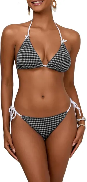 Plaid Bikini Sets for Women Sexy V Neck Halter Triangle Tie Side Thong Bikinis Two Piece Swimsuit