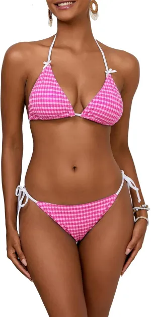 Plaid Bikini Sets for Women Sexy V Neck Halter Triangle Tie Side Thong Bikinis Two Piece Swimsuit