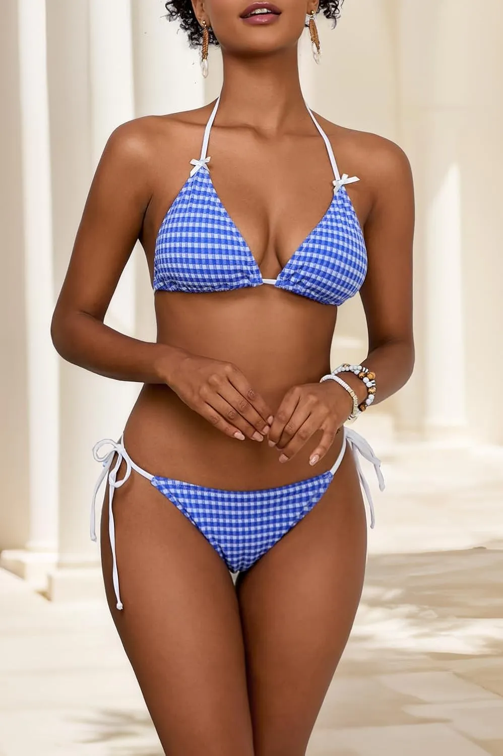 Plaid Bikini Sets for Women Sexy V Neck Halter Triangle Tie Side Thong Bikinis Two Piece Swimsuit