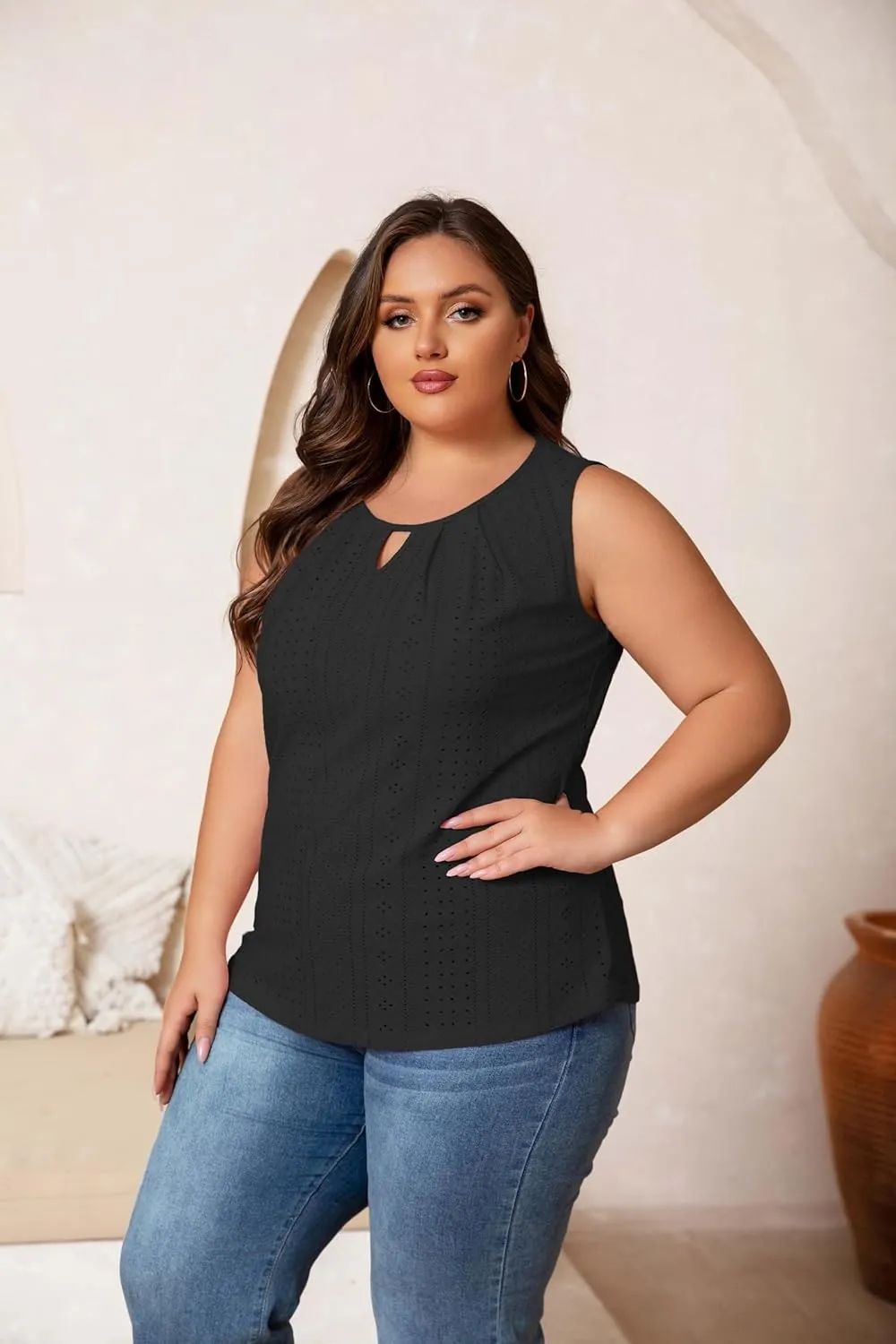 Plus Size Tank Tops for Women Eyelet Embroidery Loose Fit Casual Sleeveless T-Shirts Keyhole Neck Trendy Tops
