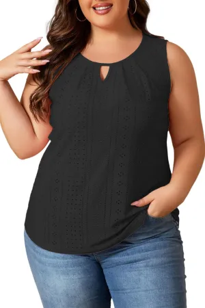 Plus Size Tank Tops for Women Eyelet Embroidery Loose Fit Casual Sleeveless T-Shirts Keyhole Neck Trendy Tops