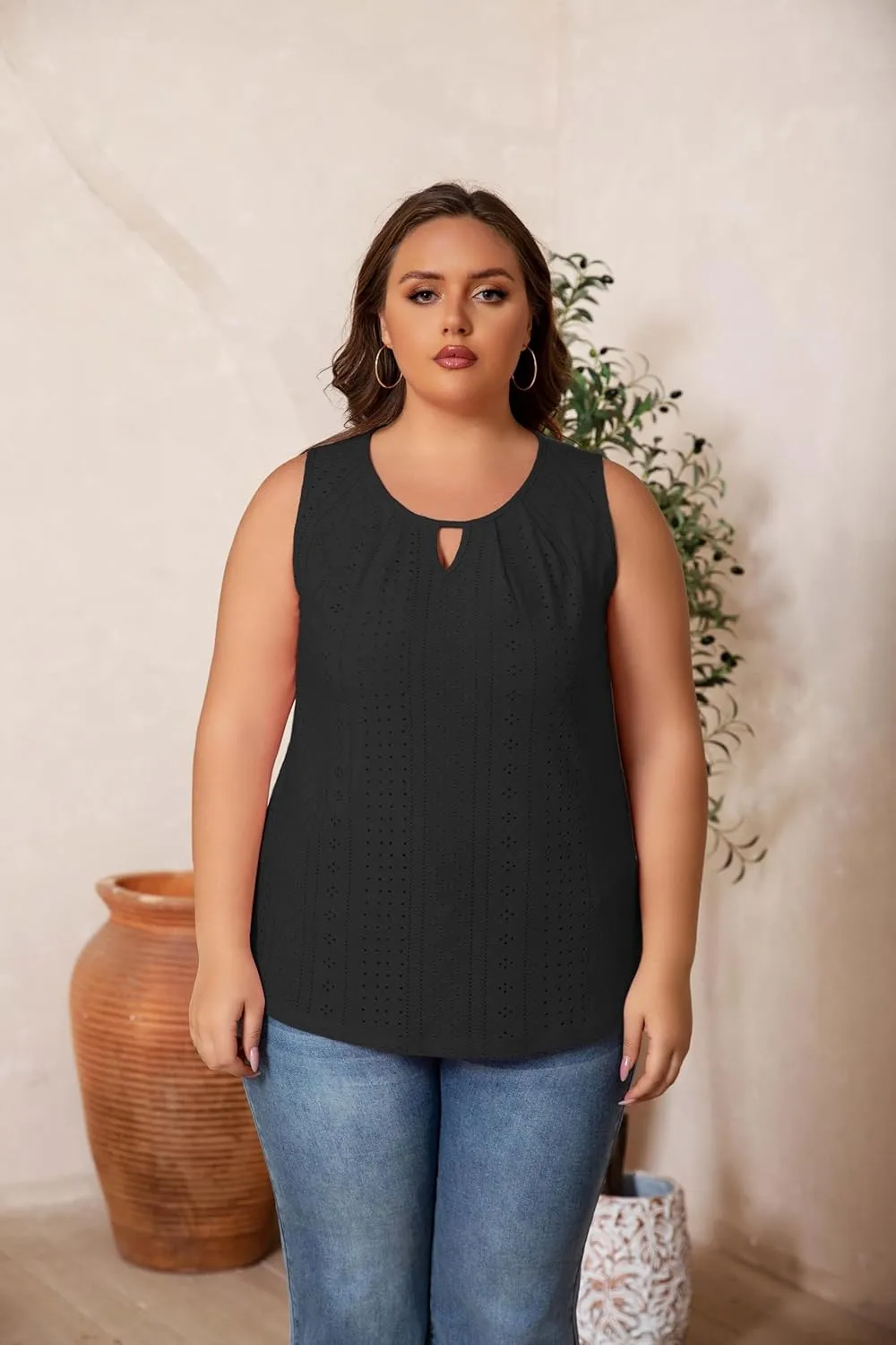 Plus Size Tank Tops for Women Eyelet Embroidery Loose Fit Casual Sleeveless T-Shirts Keyhole Neck Trendy Tops