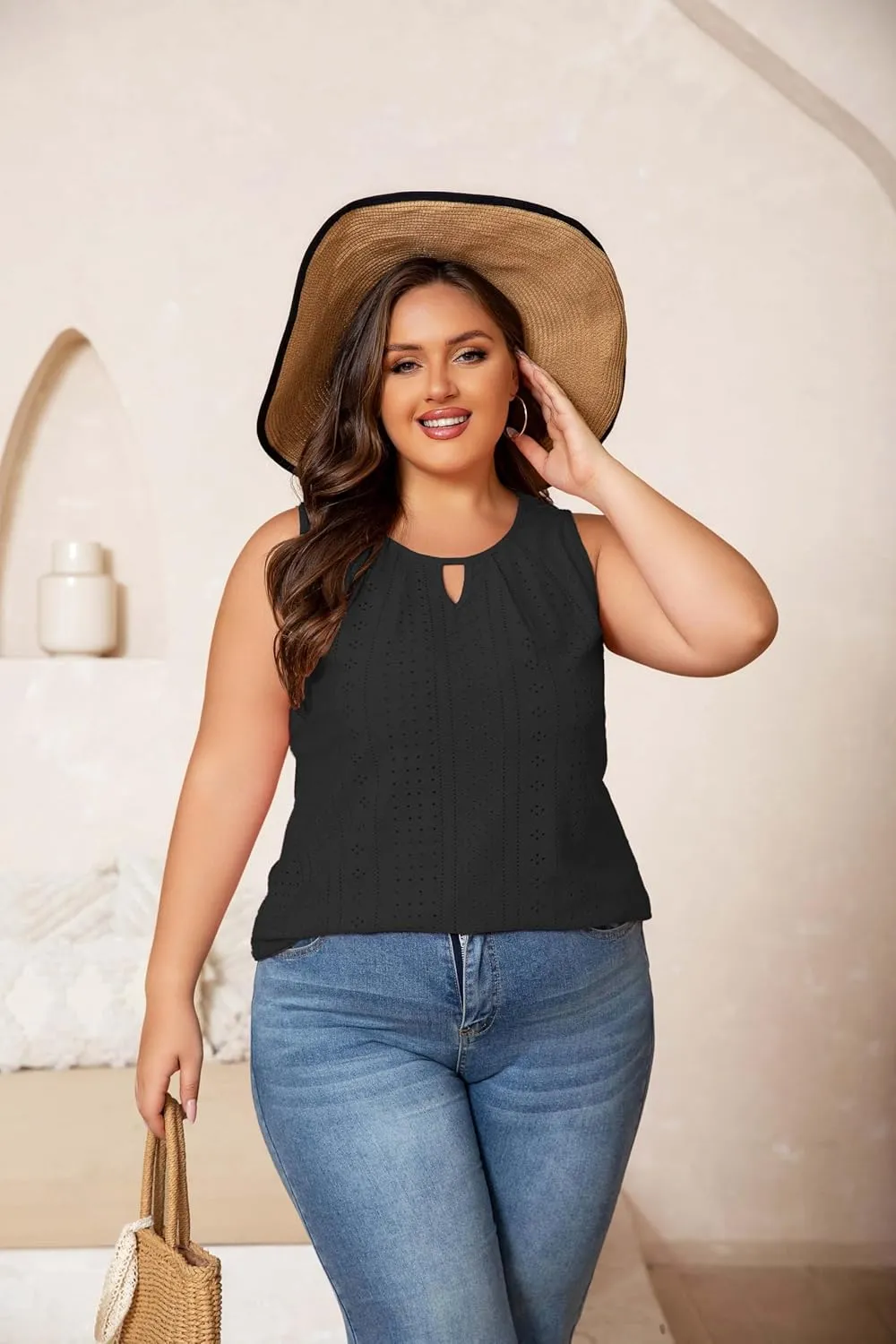 Plus Size Tank Tops for Women Eyelet Embroidery Loose Fit Casual Sleeveless T-Shirts Keyhole Neck Trendy Tops