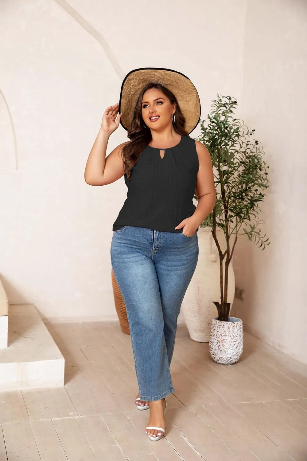 Plus Size Tank Tops for Women Eyelet Embroidery Loose Fit Casual Sleeveless T-Shirts Keyhole Neck Trendy Tops