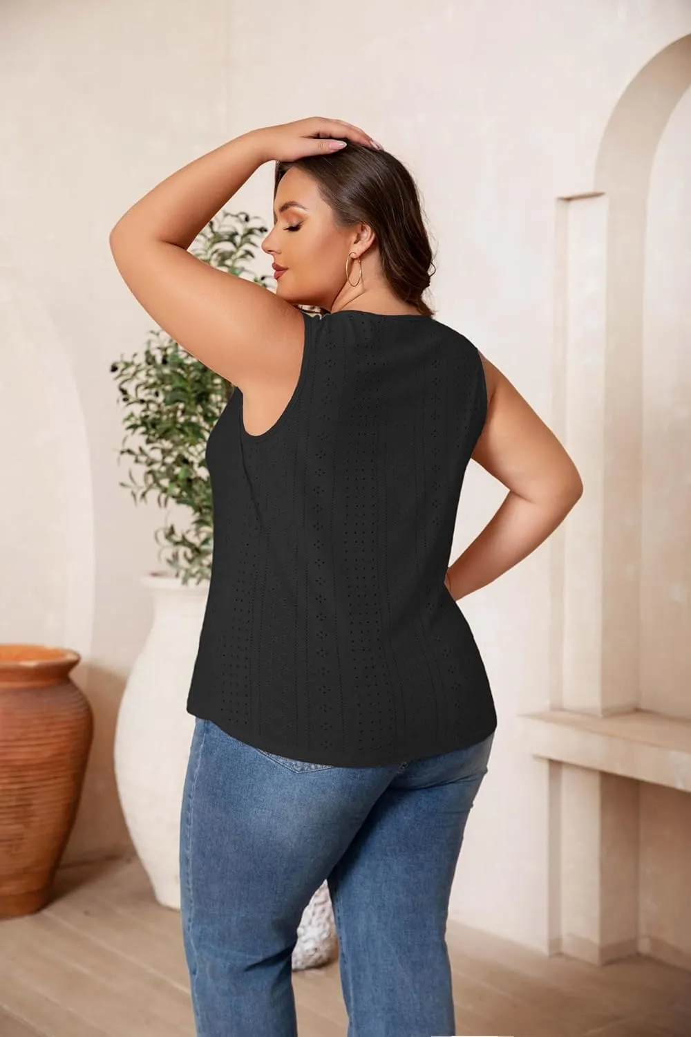 Plus Size Tank Tops for Women Eyelet Embroidery Loose Fit Casual Sleeveless T-Shirts Keyhole Neck Trendy Tops