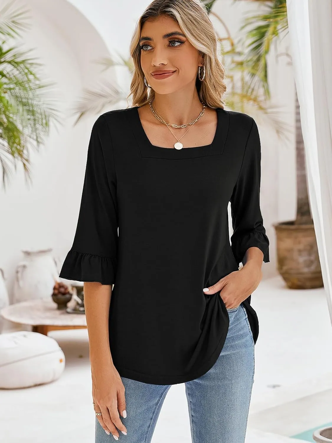 Poetsky Women's Casual 3/4 Sleeve Tops Summer Square Neck T Shirts Ruffle Loose Fit Tunic Blouses