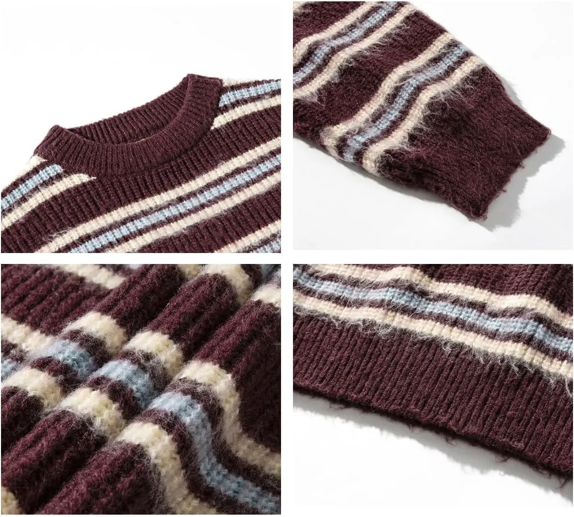 POHADON Mens Y2k Striped Sweater Vintage Aesthetic Grandpa Knitted Pullover Tops Long Sleeve Crewneck Women Grunge Clothes