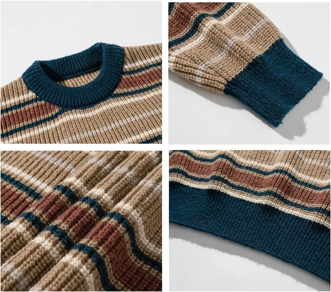 POHADON Mens Y2k Striped Sweater Vintage Aesthetic Grandpa Knitted Pullover Tops Long Sleeve Crewneck Women Grunge Clothes