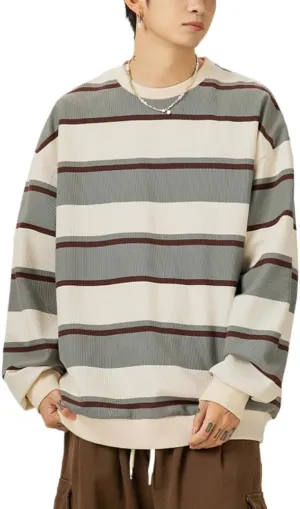 POHADON Mens Y2k Striped Sweater Vintage Aesthetic Grandpa Knitted Pullover Tops Long Sleeve Crewneck Women Grunge Clothes