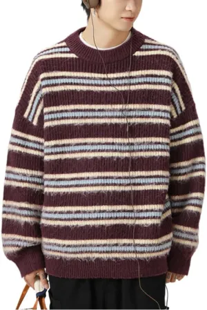 POHADON Mens Y2k Striped Sweater Vintage Aesthetic Grandpa Knitted Pullover Tops Long Sleeve Crewneck Women Grunge Clothes