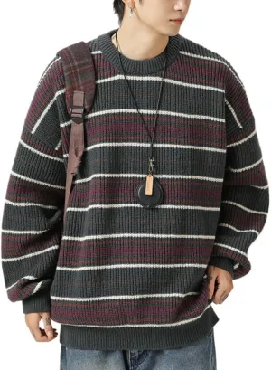 POHADON Mens Y2k Striped Sweater Vintage Aesthetic Grandpa Knitted Pullover Tops Long Sleeve Crewneck Women Grunge Clothes