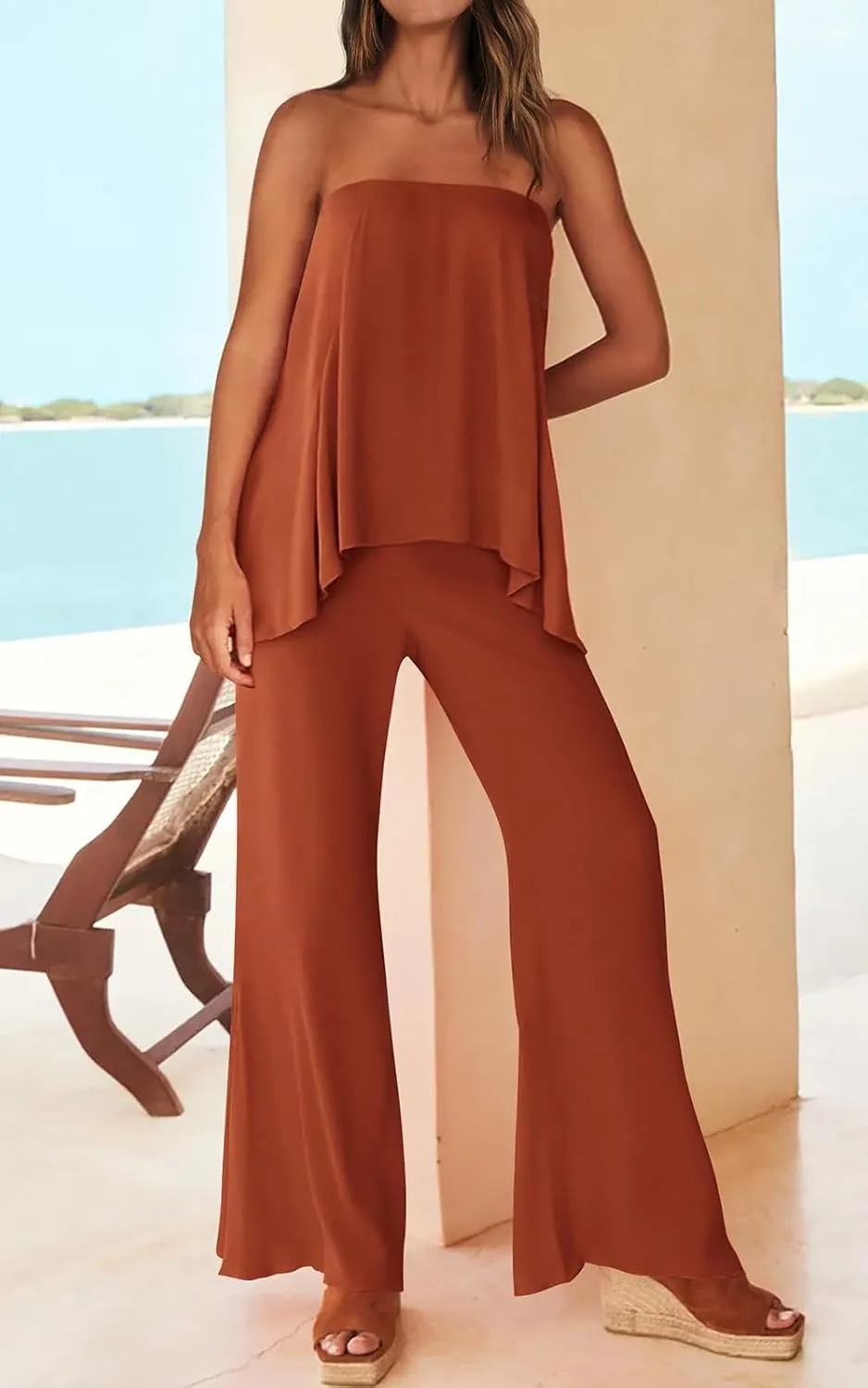 PRETTYGARDEN Women's 2 Piece Outfits 2024 Summer Beach Flowy Womens Tops Dressy Casual Lounge Sets for Women Wide Leg Pants