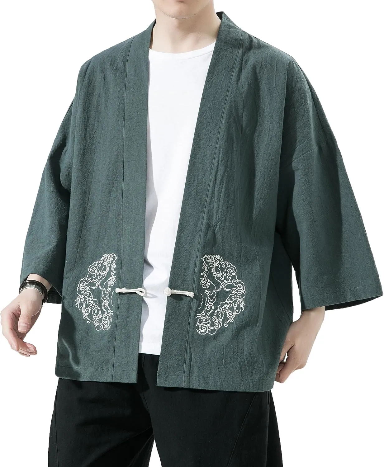 PRIJOUHE Men's Kimono Jackets Cardigan Casual Cotton Blends Linen Seven Sleeve Open Front Embroidery Coat