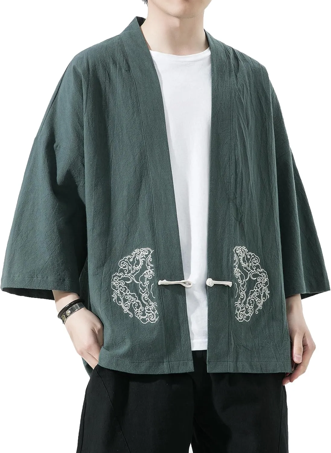 PRIJOUHE Men's Kimono Jackets Cardigan Casual Cotton Blends Linen Seven Sleeve Open Front Embroidery Coat