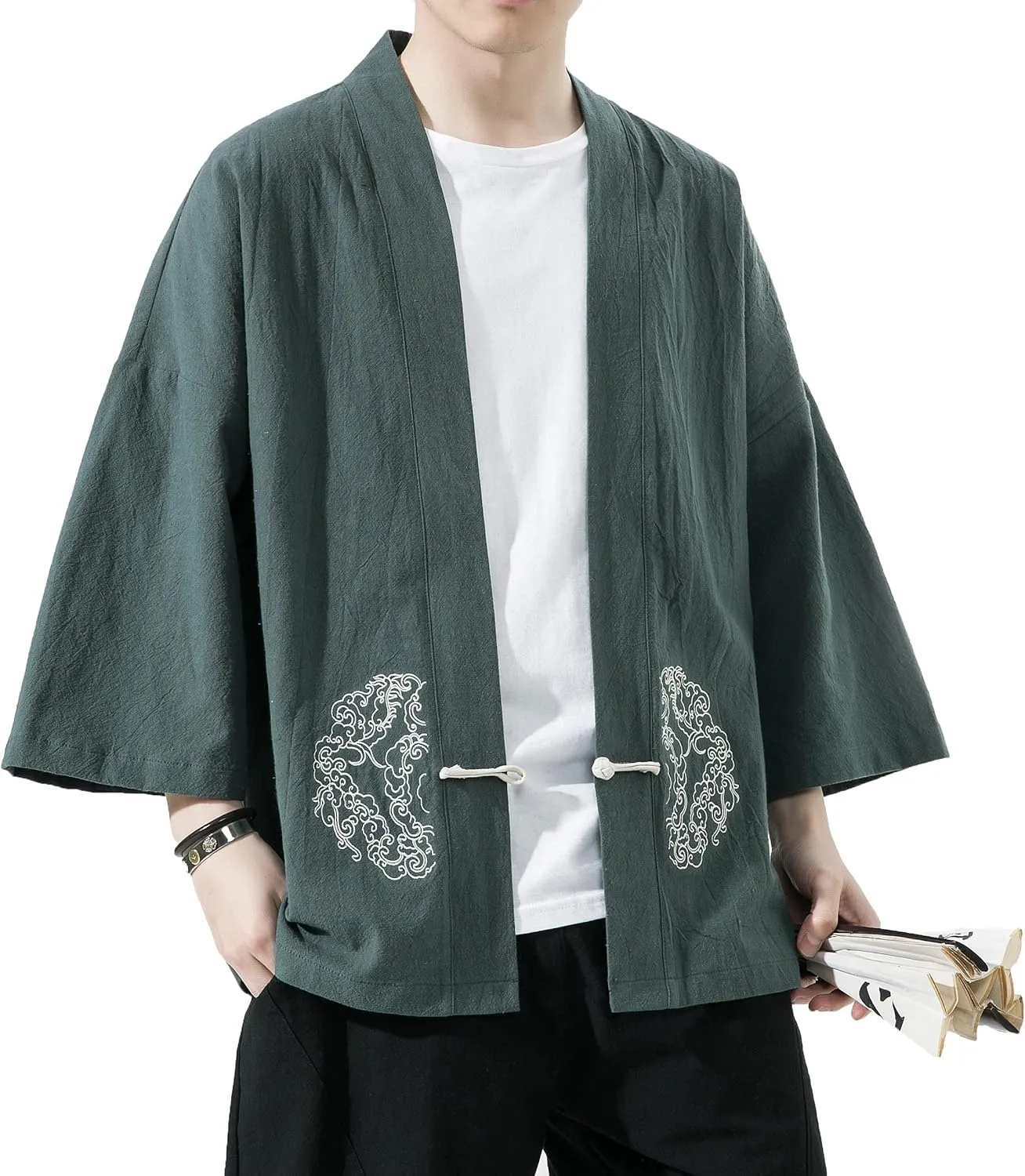 PRIJOUHE Men's Kimono Jackets Cardigan Casual Cotton Blends Linen Seven Sleeve Open Front Embroidery Coat