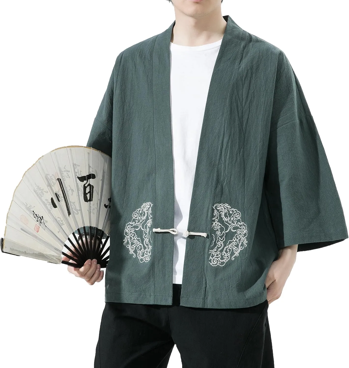 PRIJOUHE Men's Kimono Jackets Cardigan Casual Cotton Blends Linen Seven Sleeve Open Front Embroidery Coat