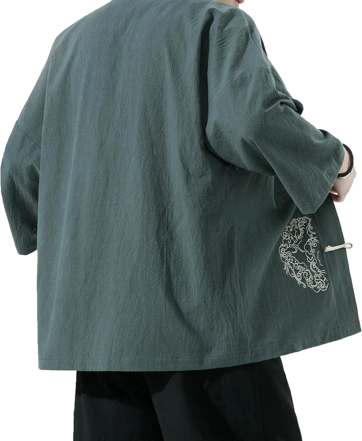 PRIJOUHE Men's Kimono Jackets Cardigan Casual Cotton Blends Linen Seven Sleeve Open Front Embroidery Coat