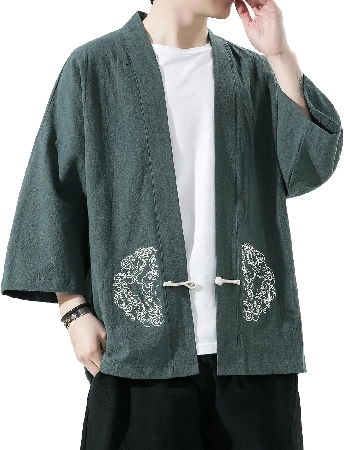 PRIJOUHE Men's Kimono Jackets Cardigan Casual Cotton Blends Linen Seven Sleeve Open Front Embroidery Coat