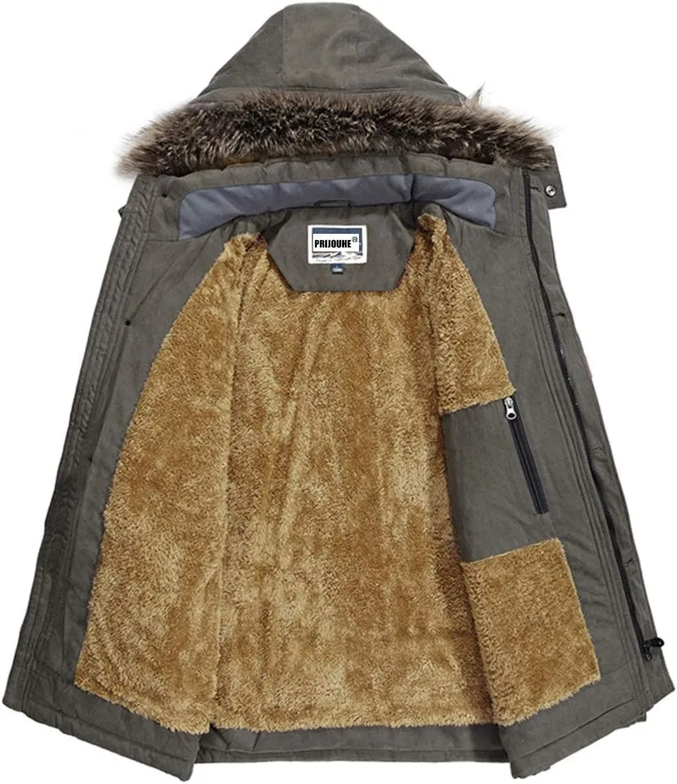 PRIJOUHE Men's Winter Coats Down Jackets Outerwear Long Cotton Coat Men Thick Warm Fur Jacket Coat Overcoat