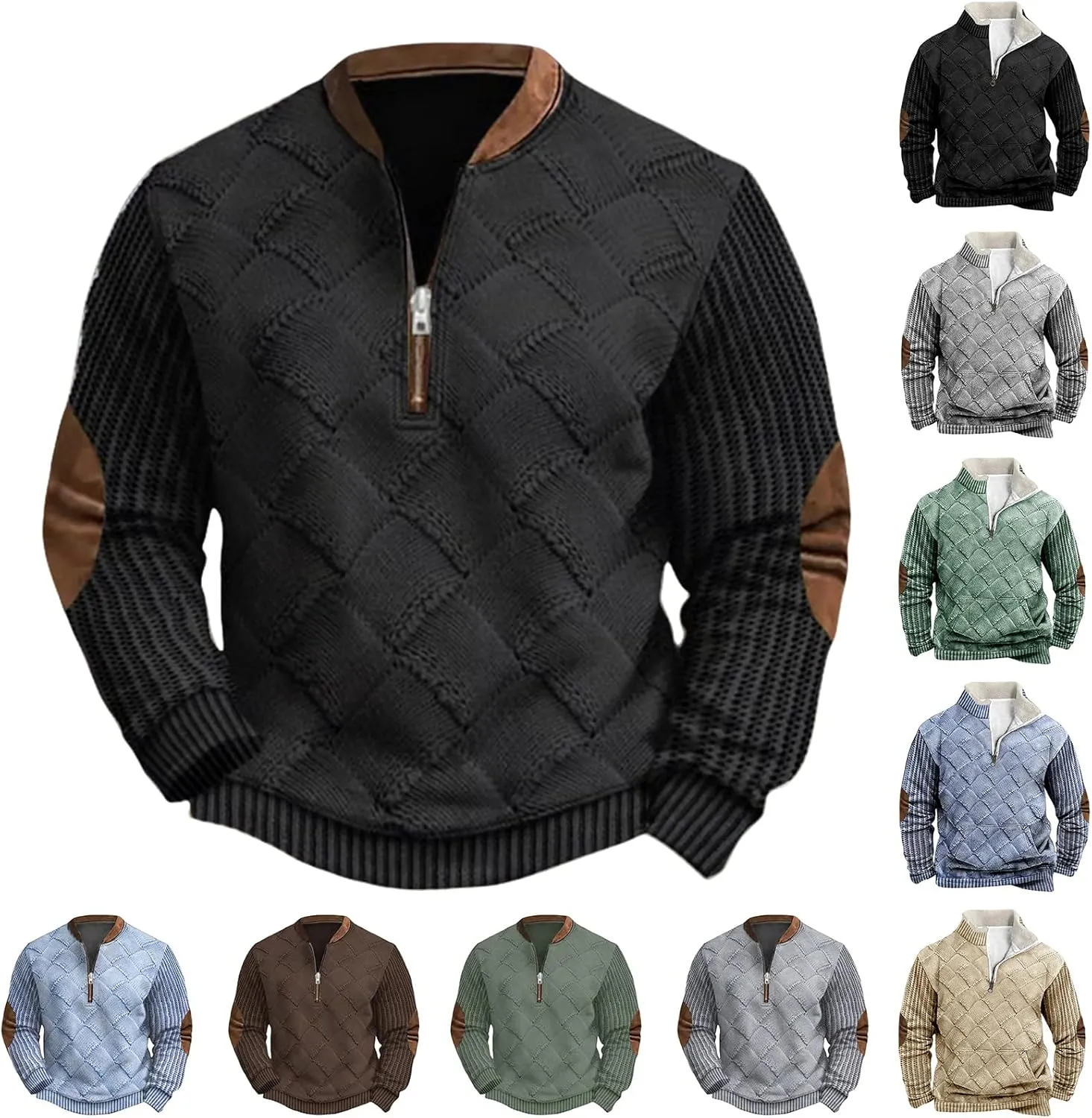 Quarter Zip Sweatshirt Men Retro Cable Knit Pullover Stand Collar Long Sleeve Sweatshirts Fall Winter Warm Jumper Tops