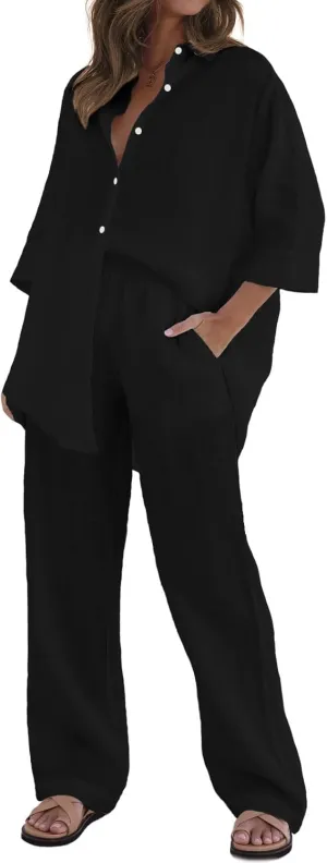 RAISECOM Women's 2 Piece Outfits Sets Button Down Half Sleeve Shirts and Long Pants Summer Casual Vacation Loungewear