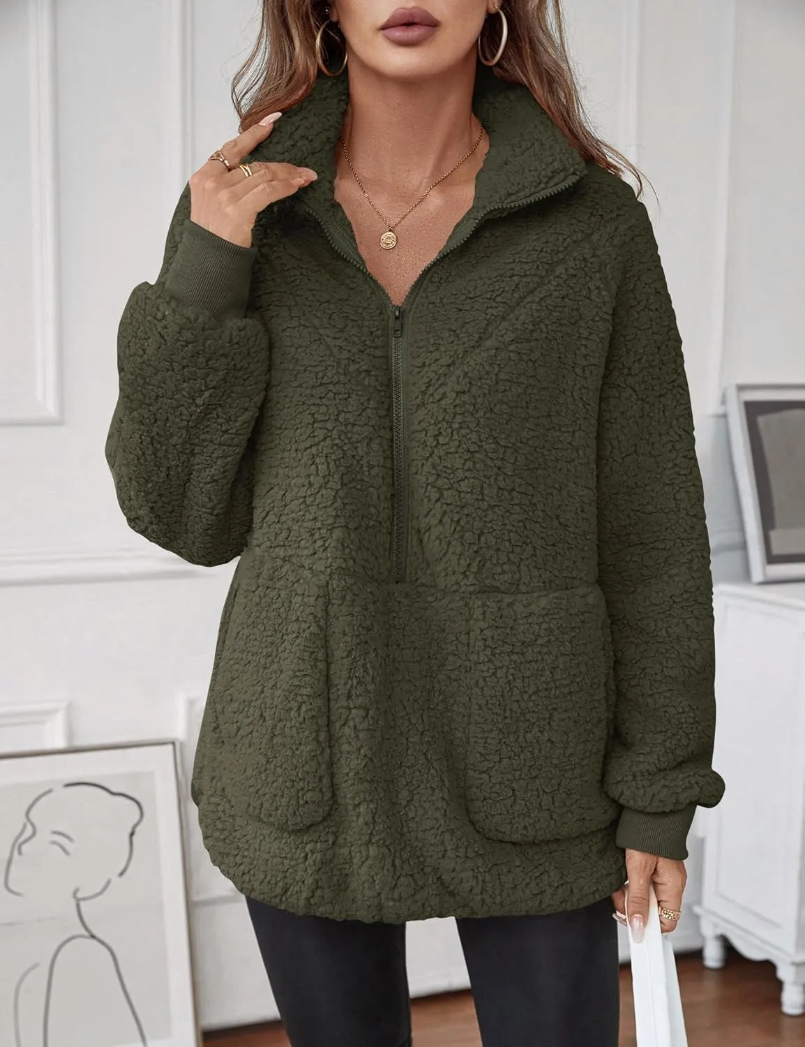 Rapbin Women Half Zip Pullover Long Sleeve Casual Fuzzy Sherpa Fleece Jacket Sweatshirts Winter Outerwear Top with Pockets