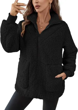 Rapbin Women Half Zip Pullover Long Sleeve Casual Fuzzy Sherpa Fleece Jacket Sweatshirts Winter Outerwear Top with Pockets