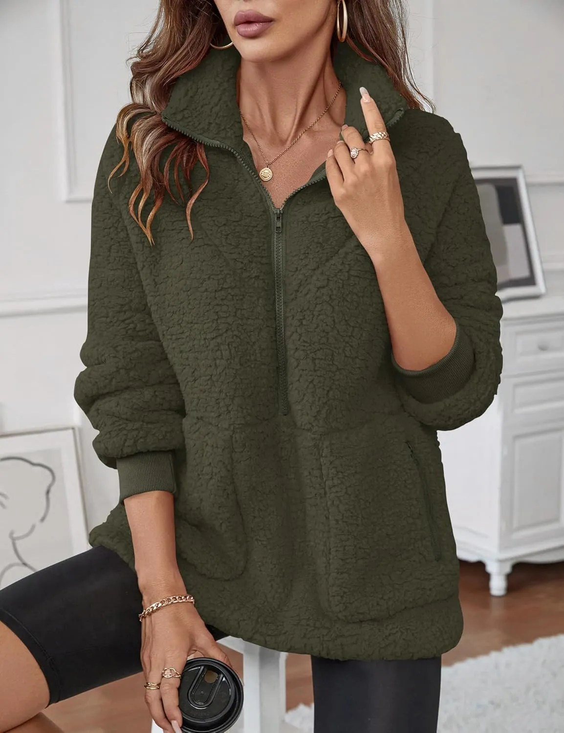Rapbin Women Half Zip Pullover Long Sleeve Casual Fuzzy Sherpa Fleece Jacket Sweatshirts Winter Outerwear Top with Pockets