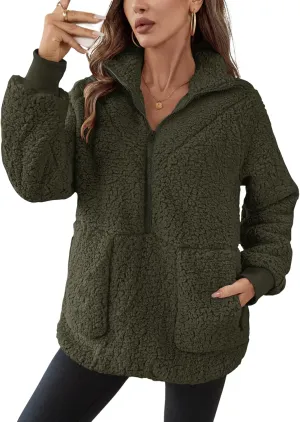 Rapbin Women Half Zip Pullover Long Sleeve Casual Fuzzy Sherpa Fleece Jacket Sweatshirts Winter Outerwear Top with Pockets