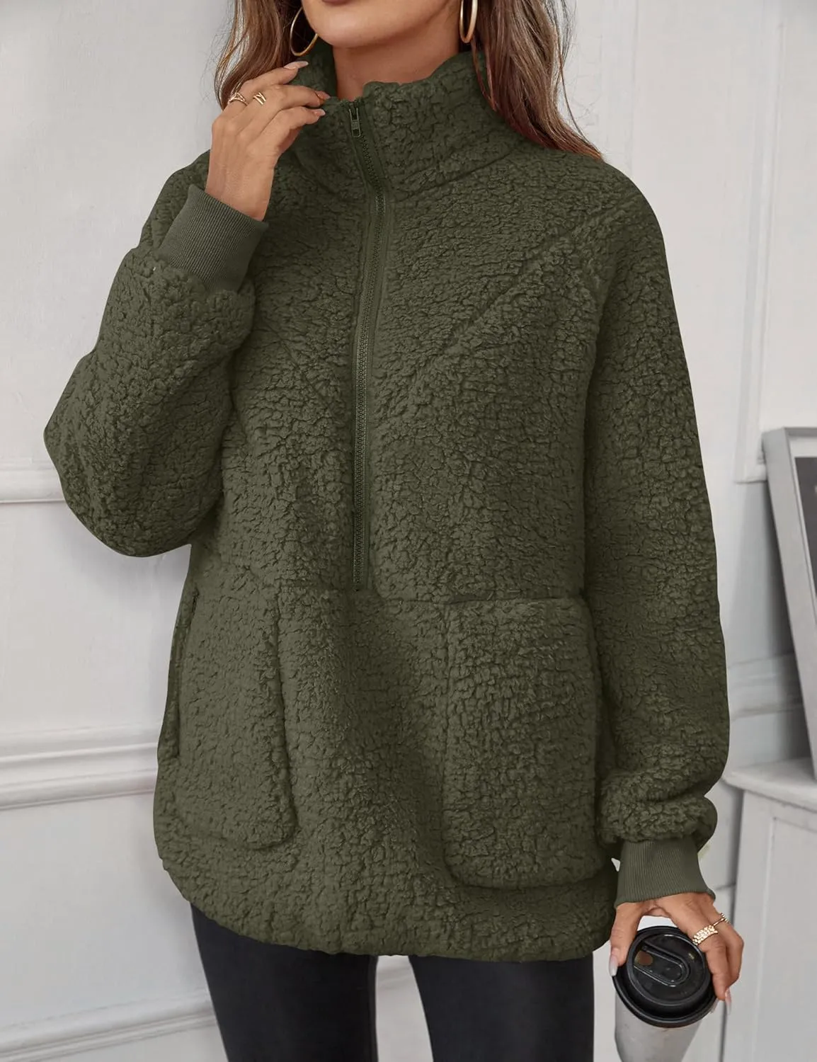 Rapbin Women Half Zip Pullover Long Sleeve Casual Fuzzy Sherpa Fleece Jacket Sweatshirts Winter Outerwear Top with Pockets