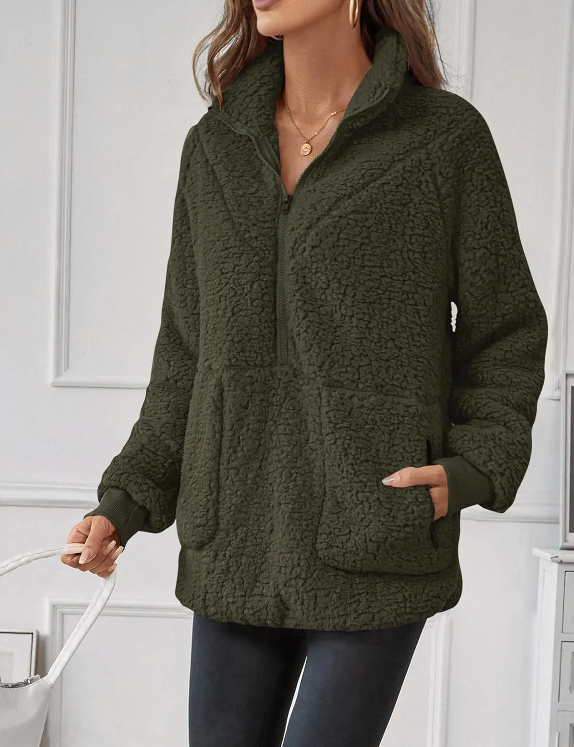 Rapbin Women Half Zip Pullover Long Sleeve Casual Fuzzy Sherpa Fleece Jacket Sweatshirts Winter Outerwear Top with Pockets