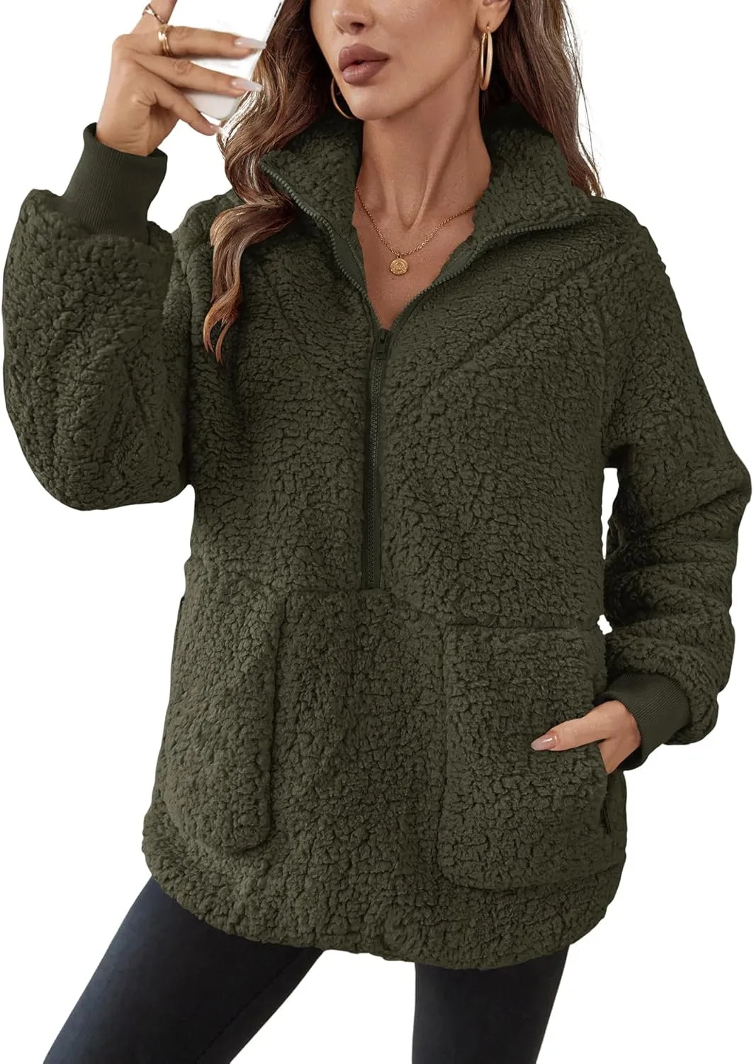 Rapbin Women Half Zip Pullover Long Sleeve Casual Fuzzy Sherpa Fleece Jacket Sweatshirts Winter Outerwear Top with Pockets