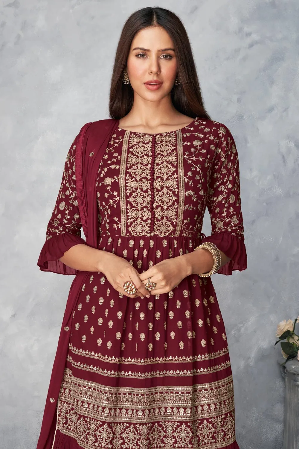Real Georgette Deep Red Peplum Sharara Suit